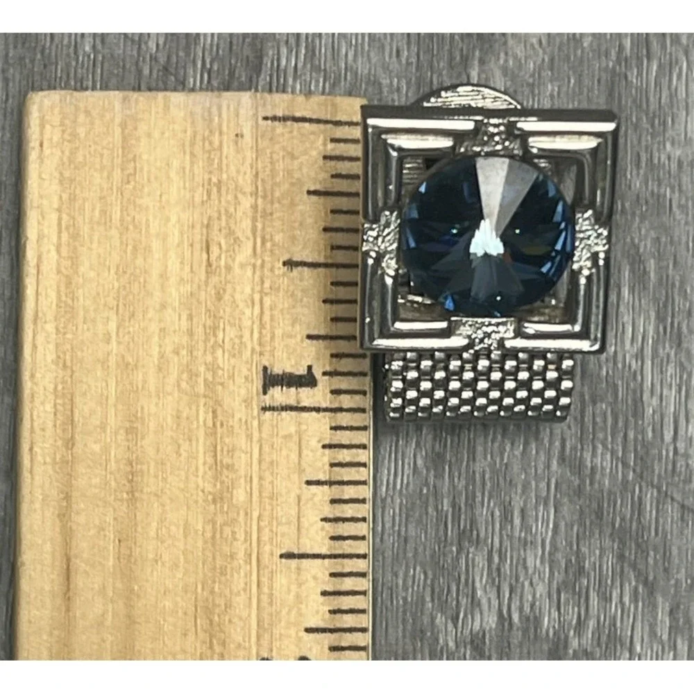 Vintage Men's Cufflinks Silver-Tone Mesh Faceted Blue Stone Square Frame‎